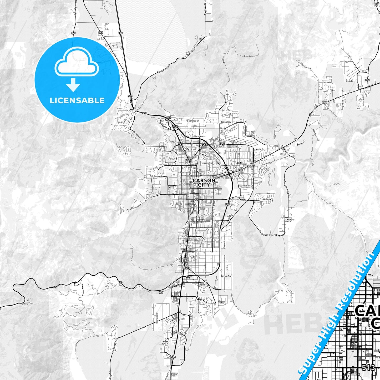 Carson City, Nevada light map with streetnames, citynames and districts