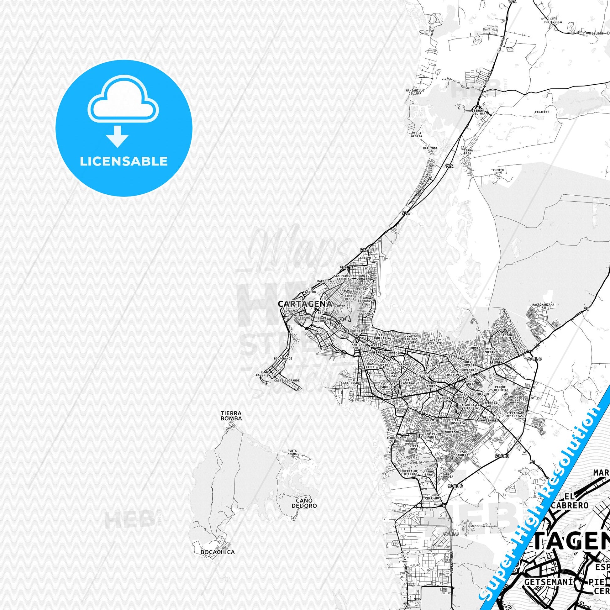 Cartagena, Colombia light map with streetnames, citynames and districts
