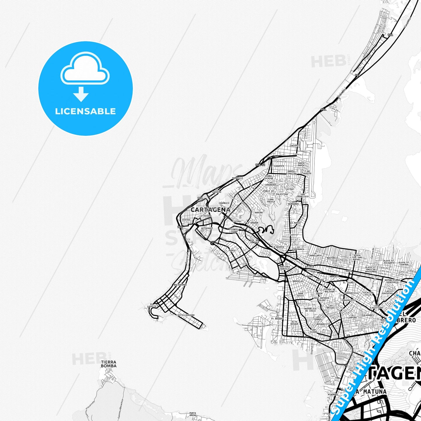Cartagena, Colombia Light Map with Street Names, City Names, and Districts