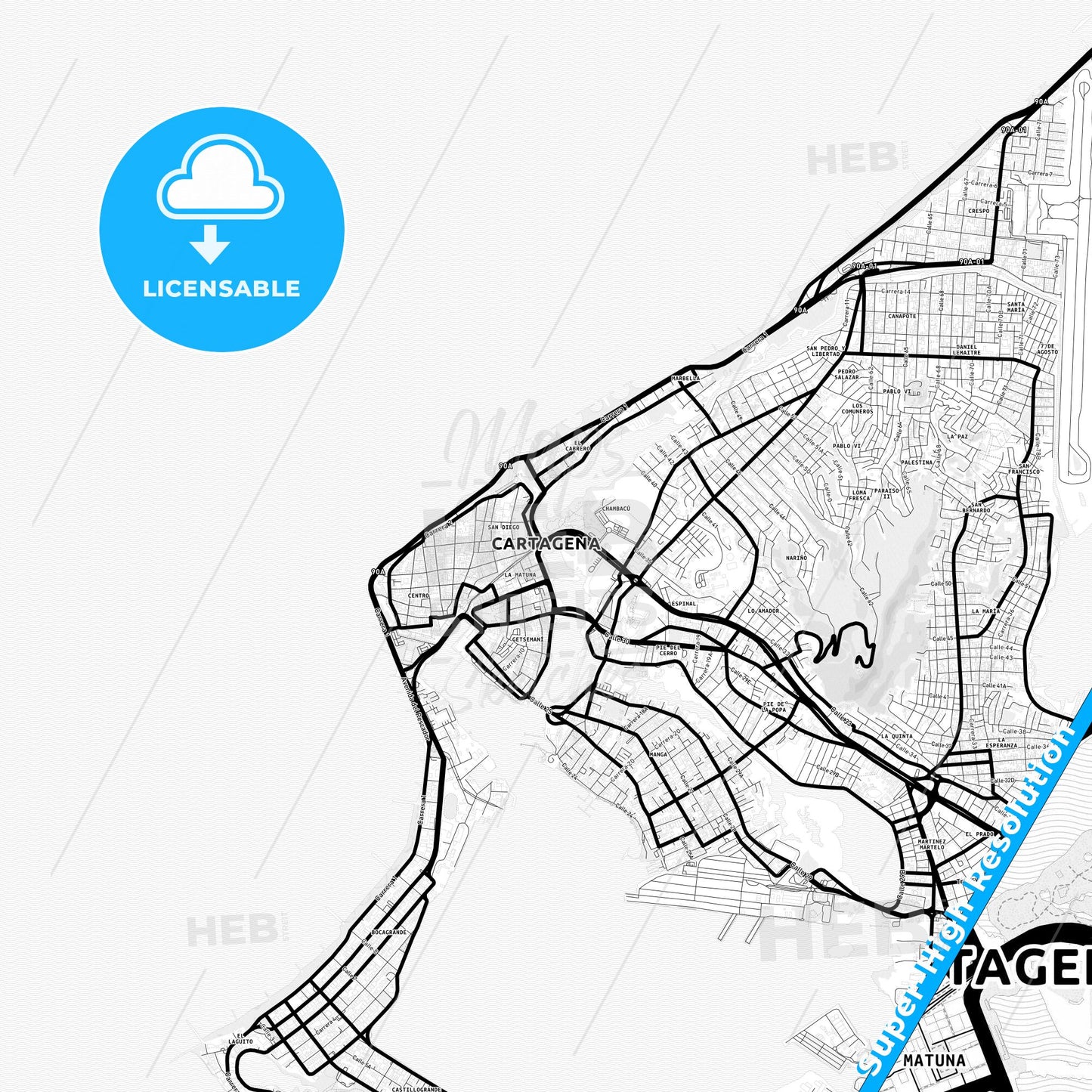 Cartagena, Colombia Light Map with Street Names, City Names, and Districts