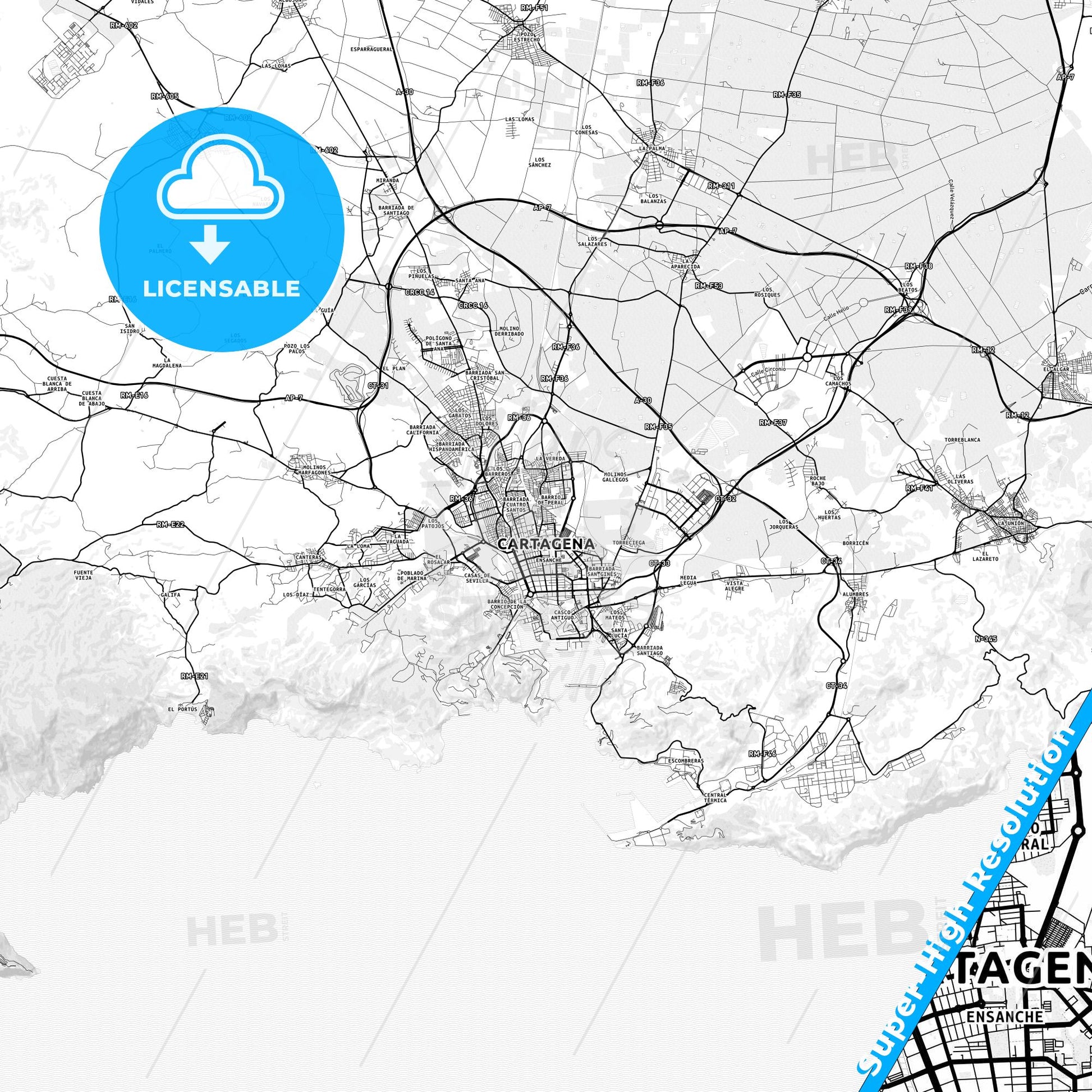 Cartagena, Spain light map with streetnames, citynames and districts