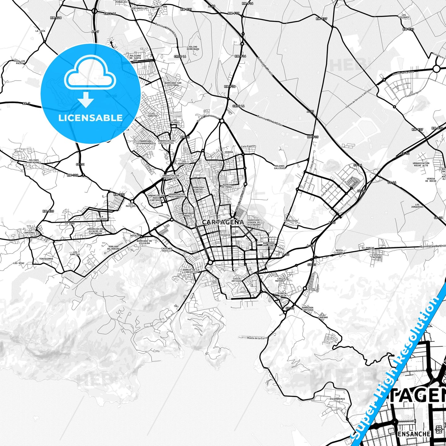 Cartagena, Spain Light Map with Street Names, City Names, and Districts