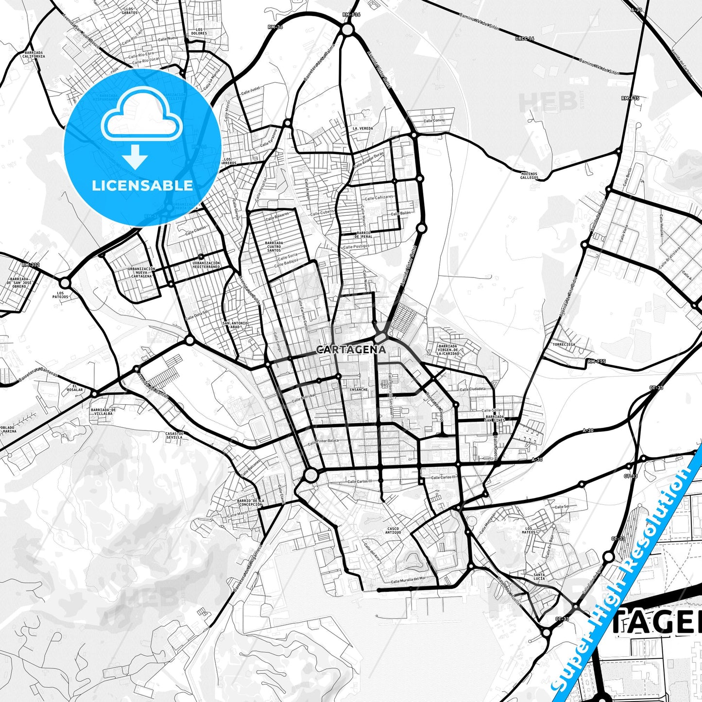 Cartagena, Spain Light Map with Street Names, City Names, and Districts
