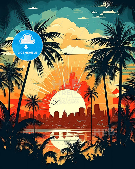 Vibrant City Skyline Art: Cartagena Colombia Sunset Painting