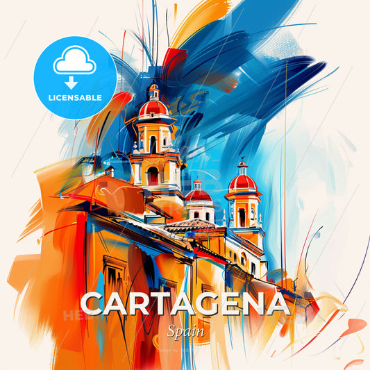 Vibrant Cartagena, Spain - A Painting Of A Building With A Dome On Top - Square format print template
