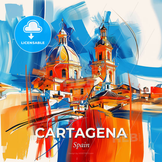 Vibrant Cartagena, Spain - A Painting Of A Building With A Dome And Towers - Square format print template