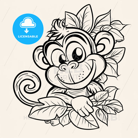Cartoon Of A <A Happy Monkey Peeking Out From Behind A Bush> - A Cartoon Monkey With Leaves