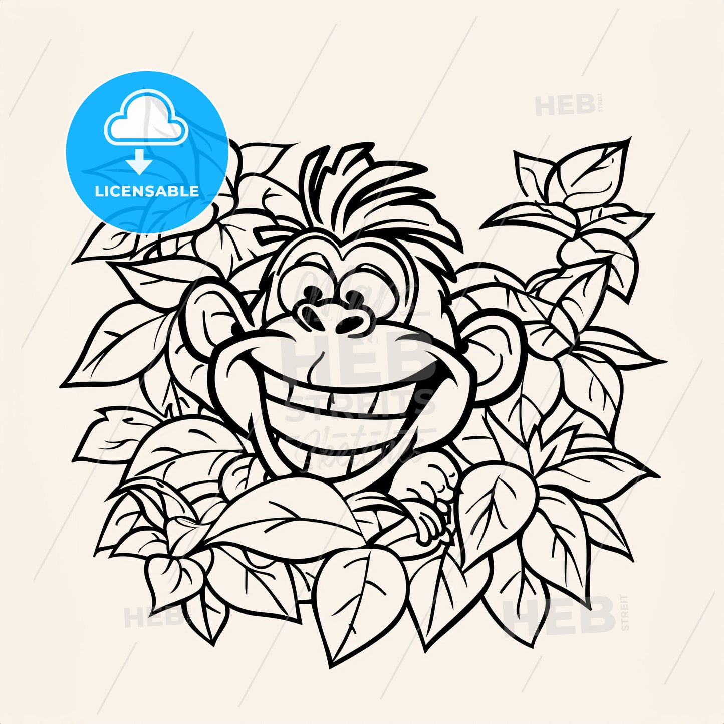Cartoon Of A <A Happy Monkey Peeking Out From Behind A Bush> - A Cartoon Monkey With Leaves