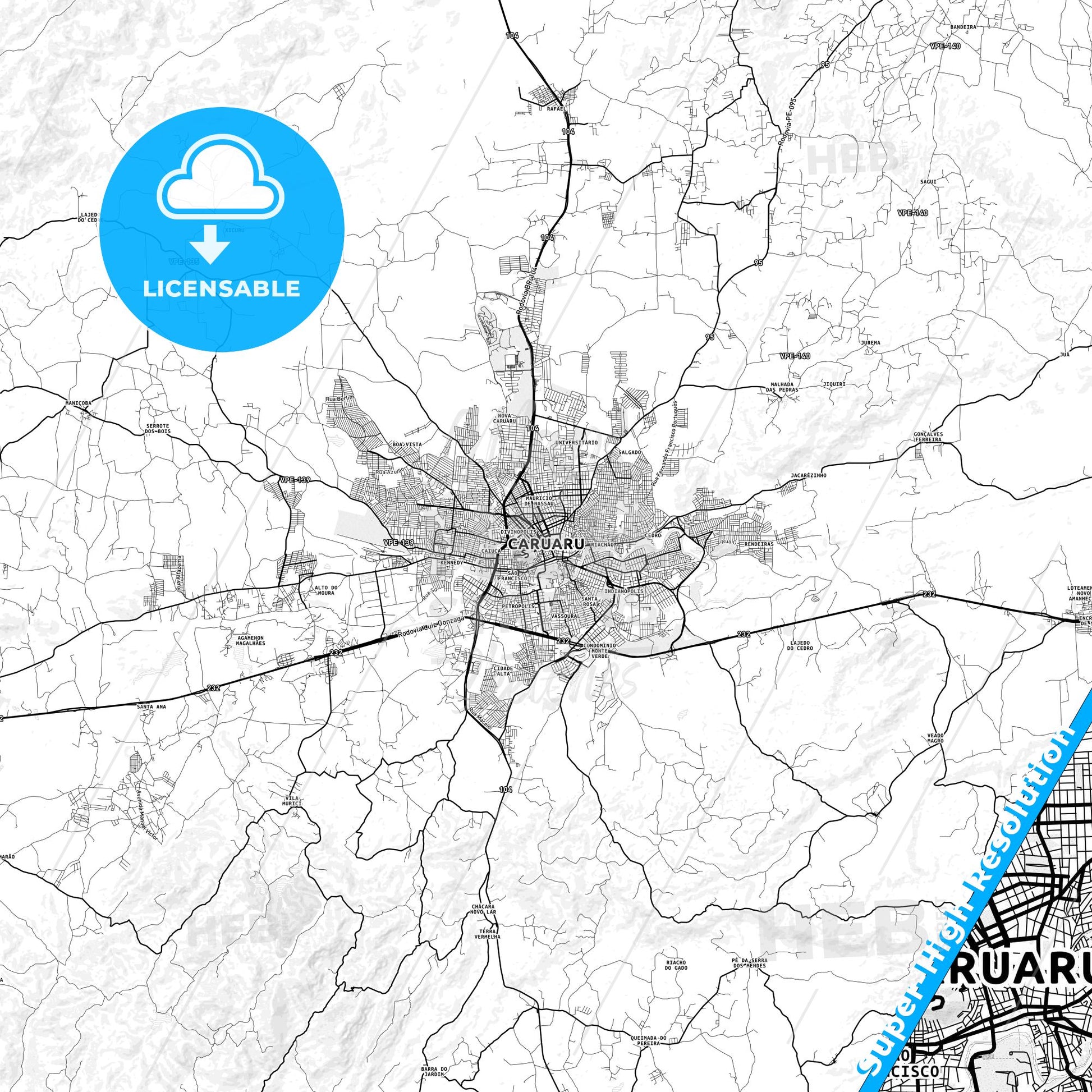 Caruaru, Brazil light map with streetnames, citynames and districts