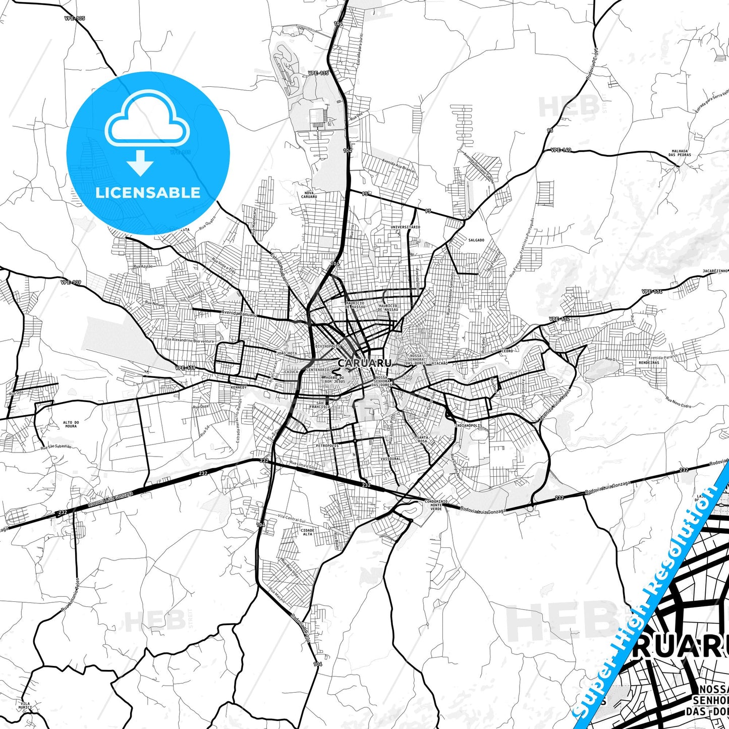 Caruaru, Brazil Light Map with Street Names, City Names, and Districts