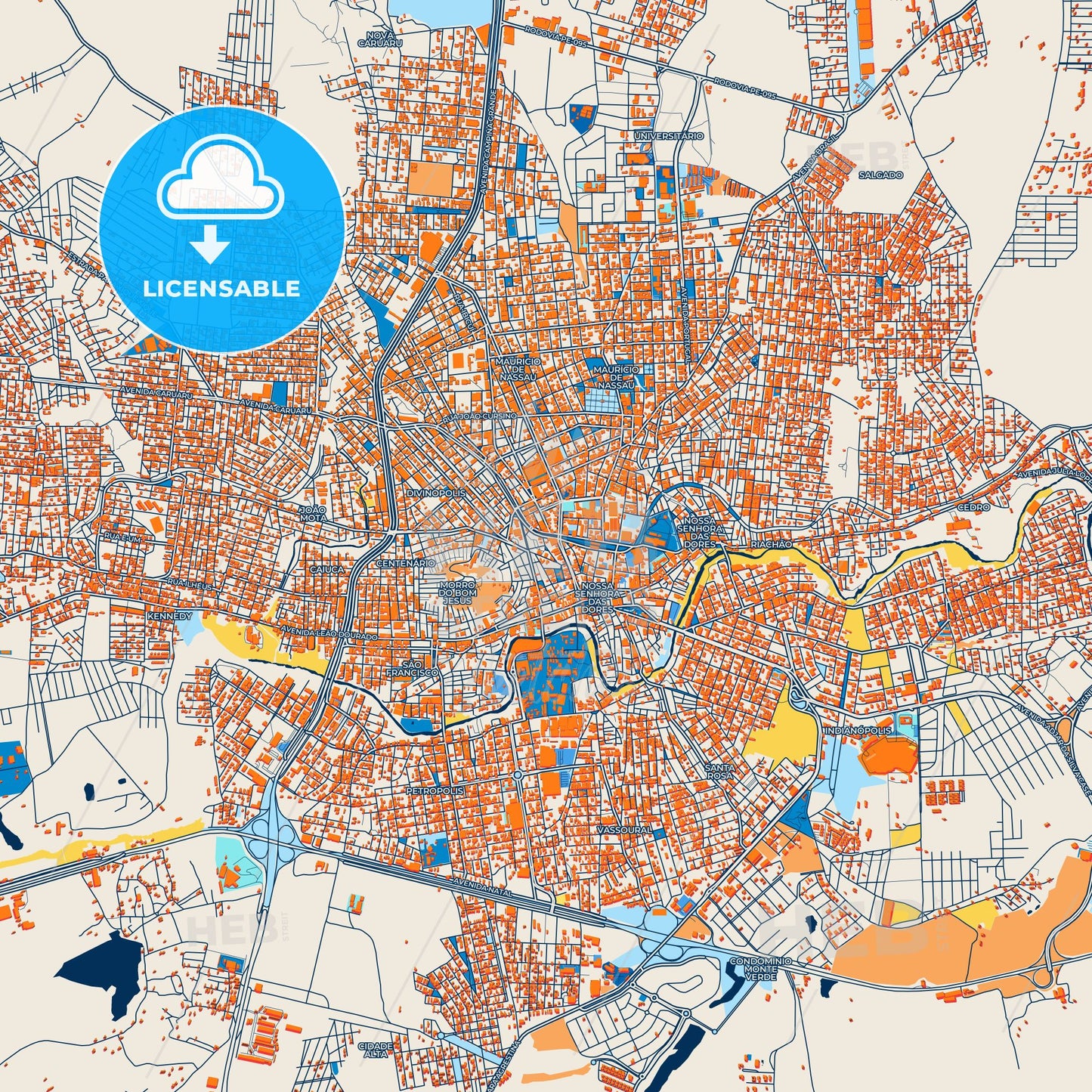 Colorful Caruaru Street Map with Labels and Buildings