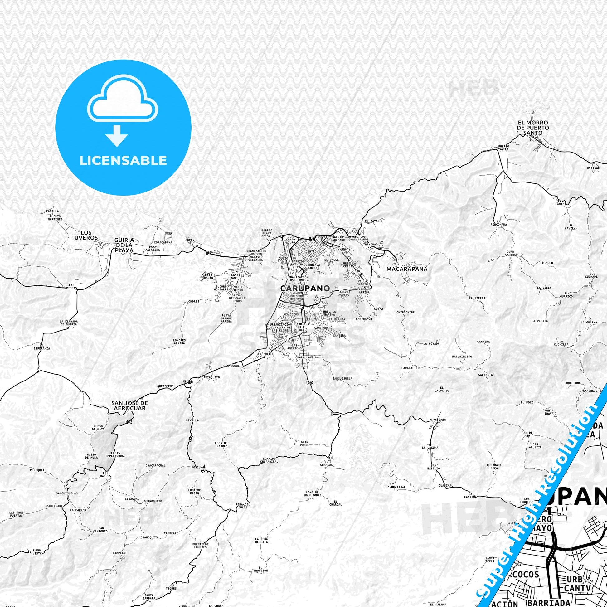 Carupano, Venezuela light map with streetnames, citynames and districts