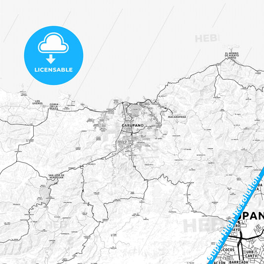Carupano, Venezuela light map with streetnames, citynames and districts
