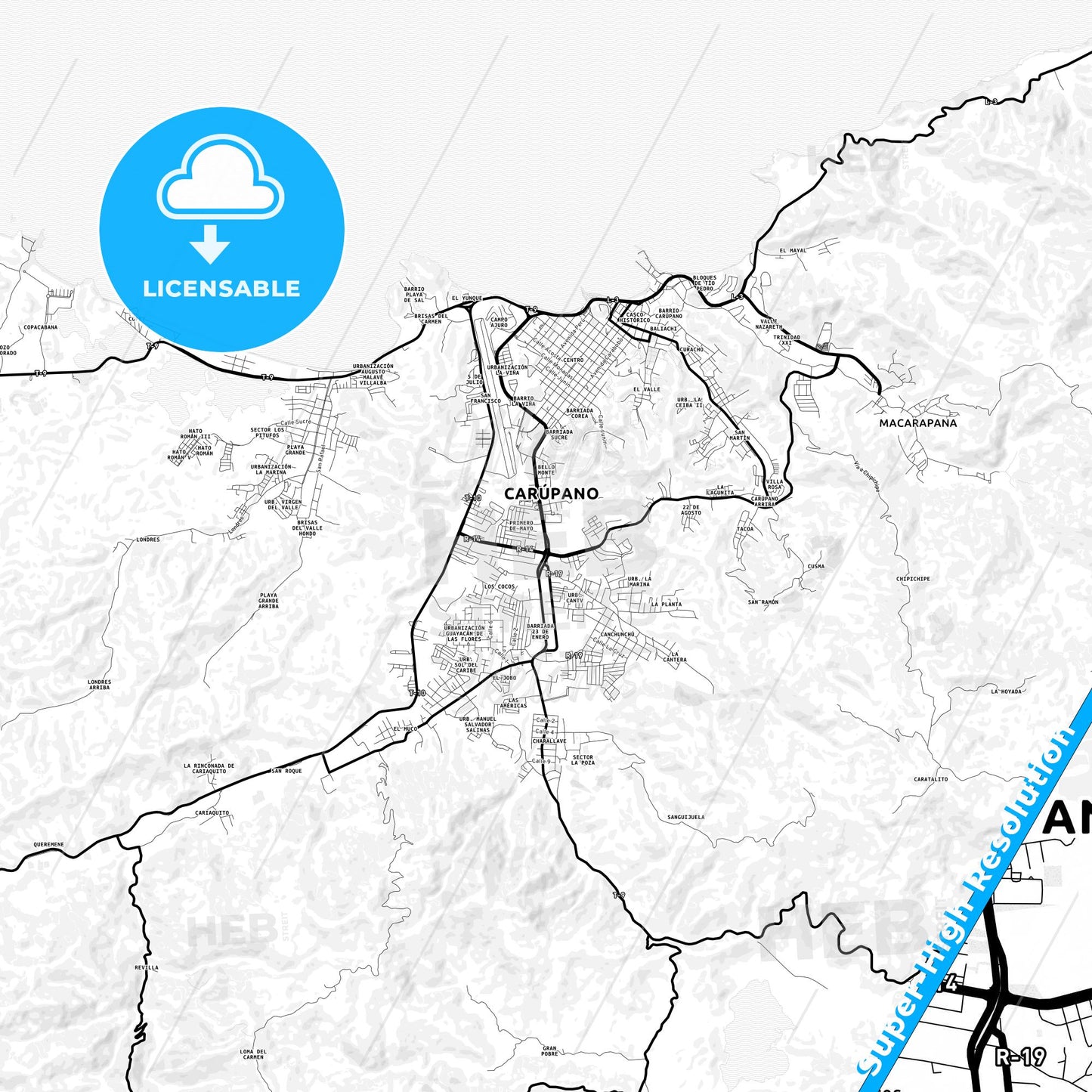 Carupano, Venezuela Light Map with Street Names, City Names, and Districts