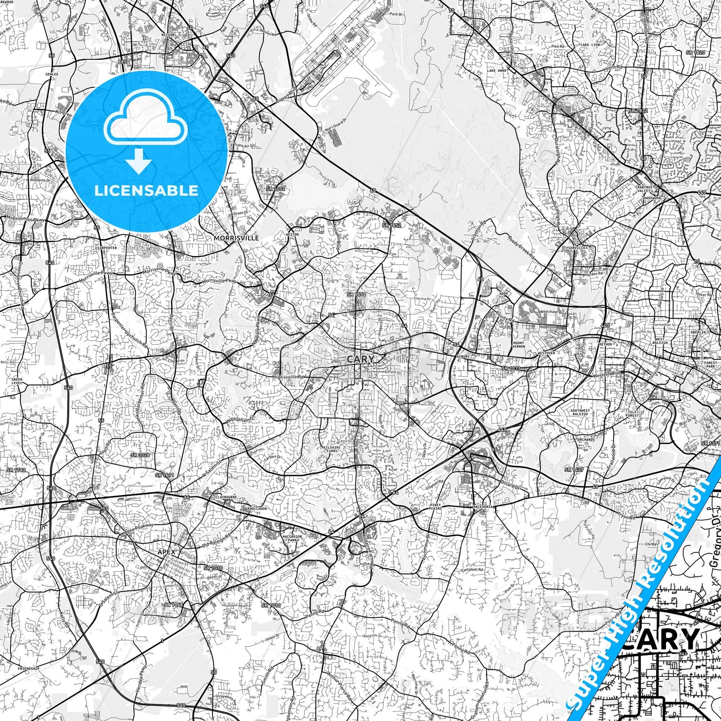 Cary, North Carolina light map with streetnames, citynames and districts