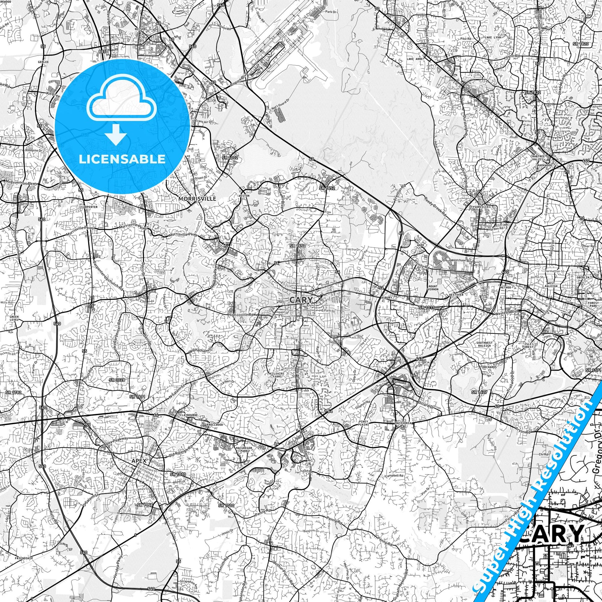 Cary, North Carolina light map with streetnames, citynames and districts