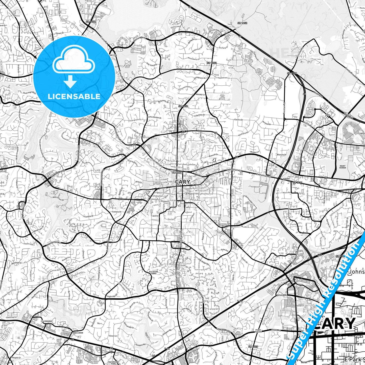 Cary, North Carolina Light Map with Street Names, City Names, and Districts