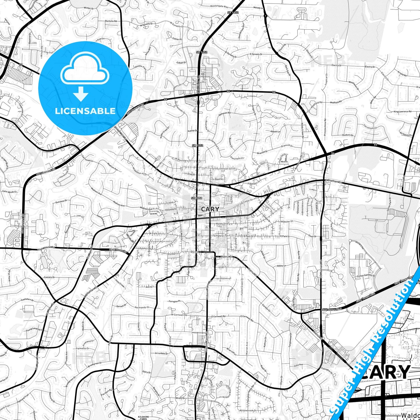 Cary, North Carolina Light Map with Street Names, City Names, and Districts