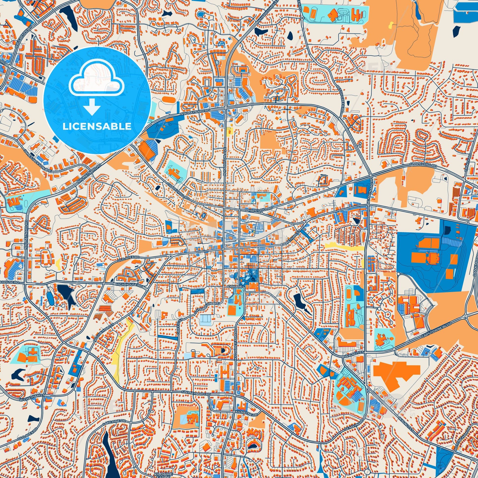 Colorful Cary Street Map with Labels and Buildings