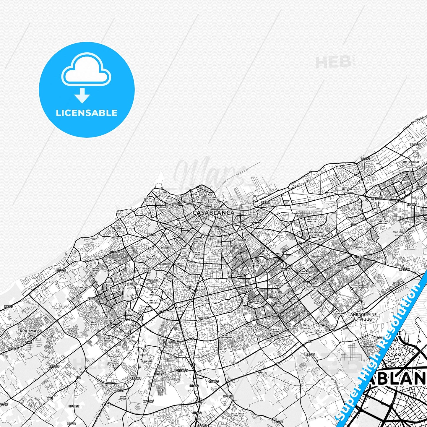 Casablanca, Morocco light map with streetnames, citynames and districts