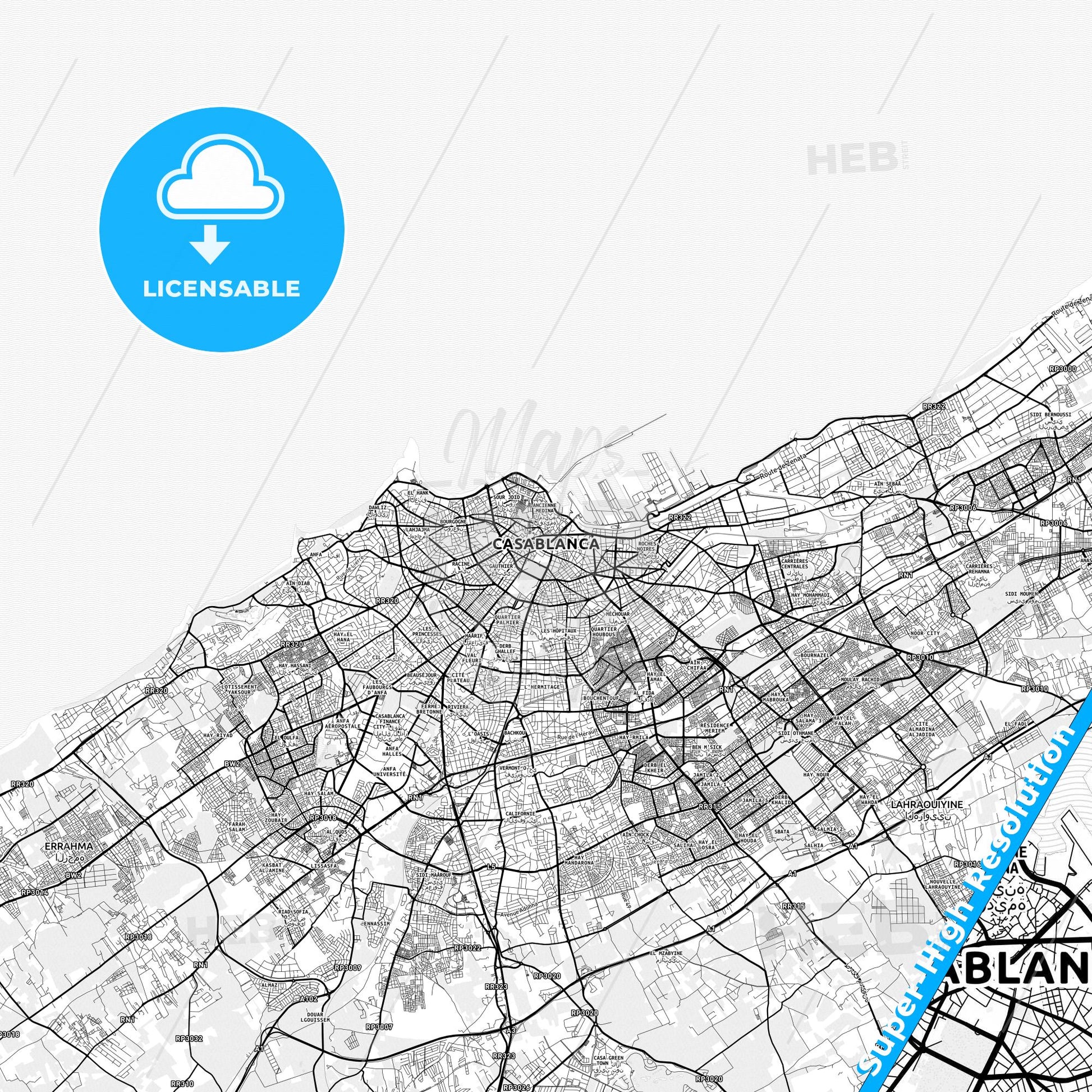 Casablanca, Morocco light map with streetnames, citynames and districts