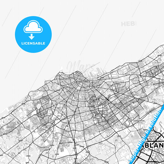 Casablanca, Morocco light map with streetnames, citynames and districts