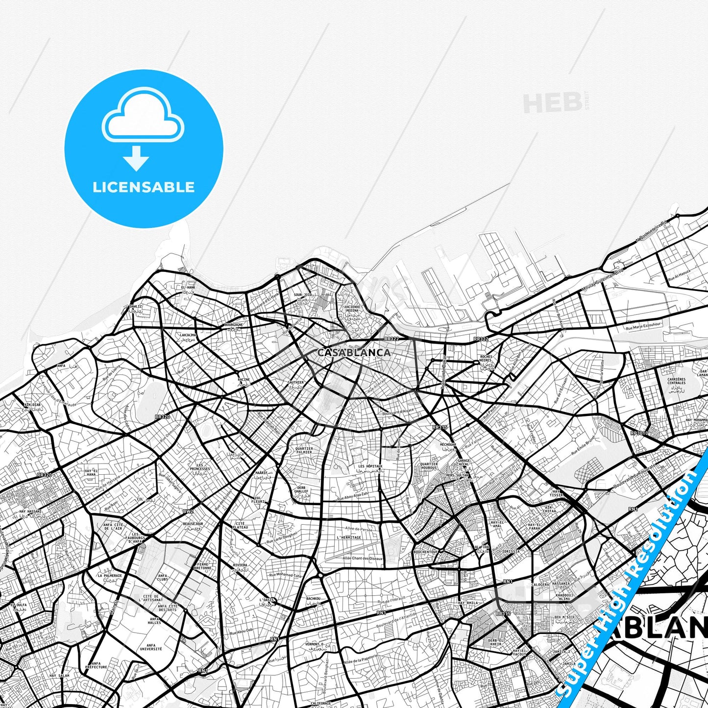 Casablanca, Morocco Light Map with Street Names, City Names, and Districts