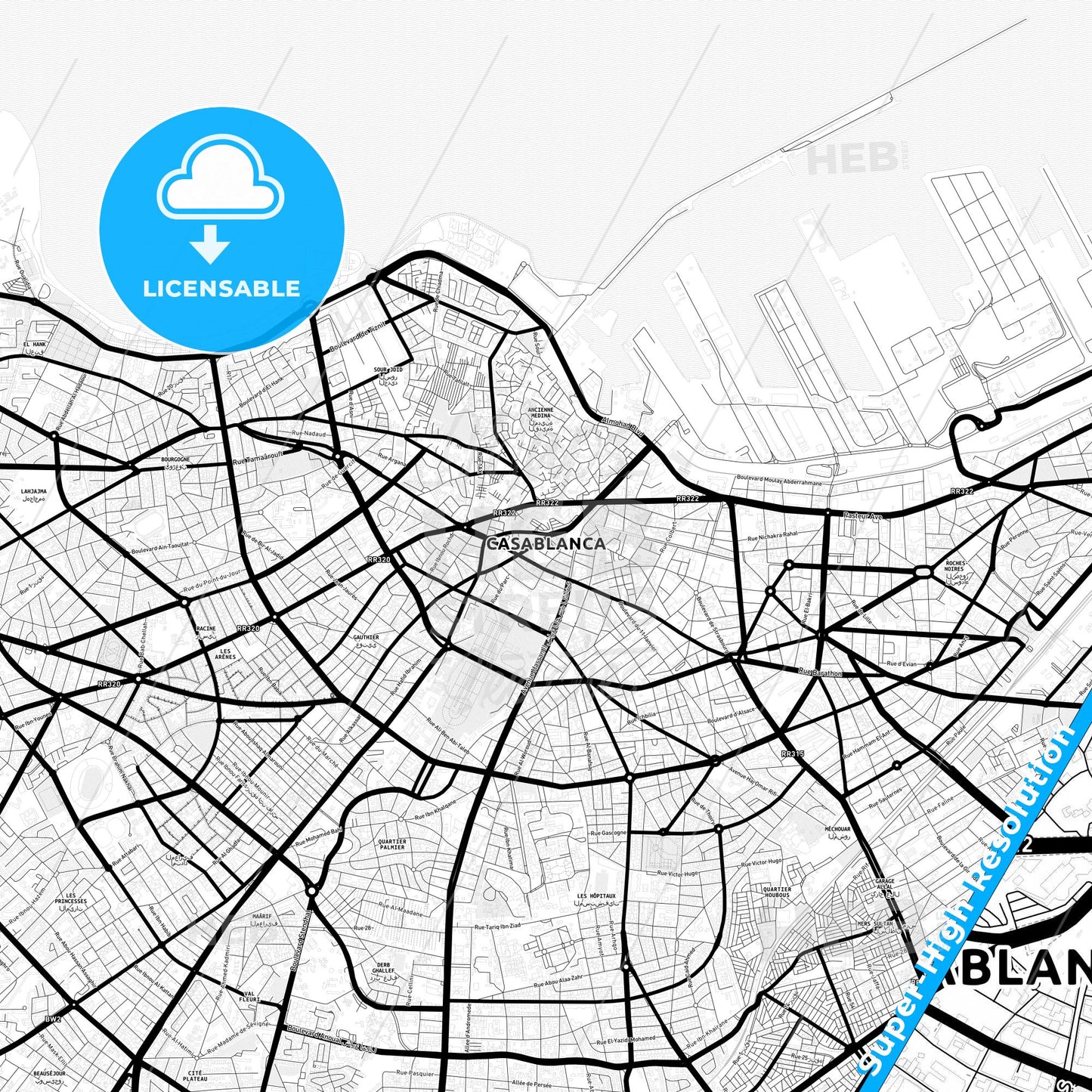 Casablanca, Morocco Light Map with Street Names, City Names, and Districts