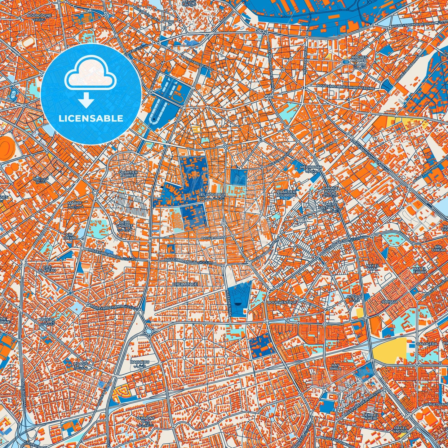 Colorful Casablanca Street Map with Labels and Buildings