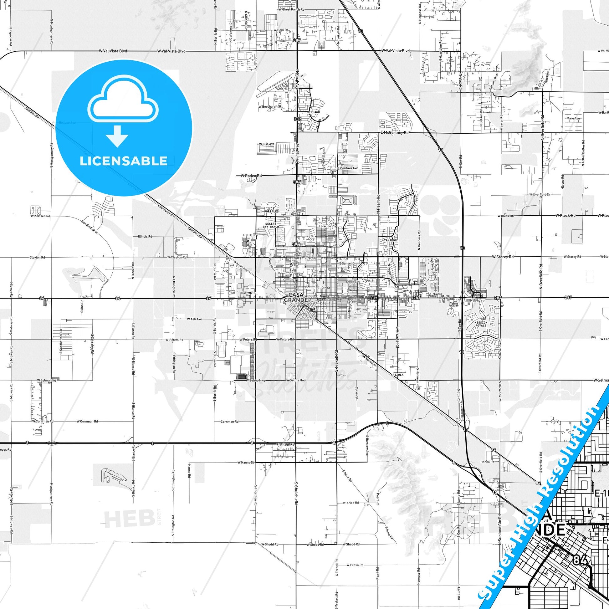 Casa Grande, Arizona light map with streetnames, citynames and districts