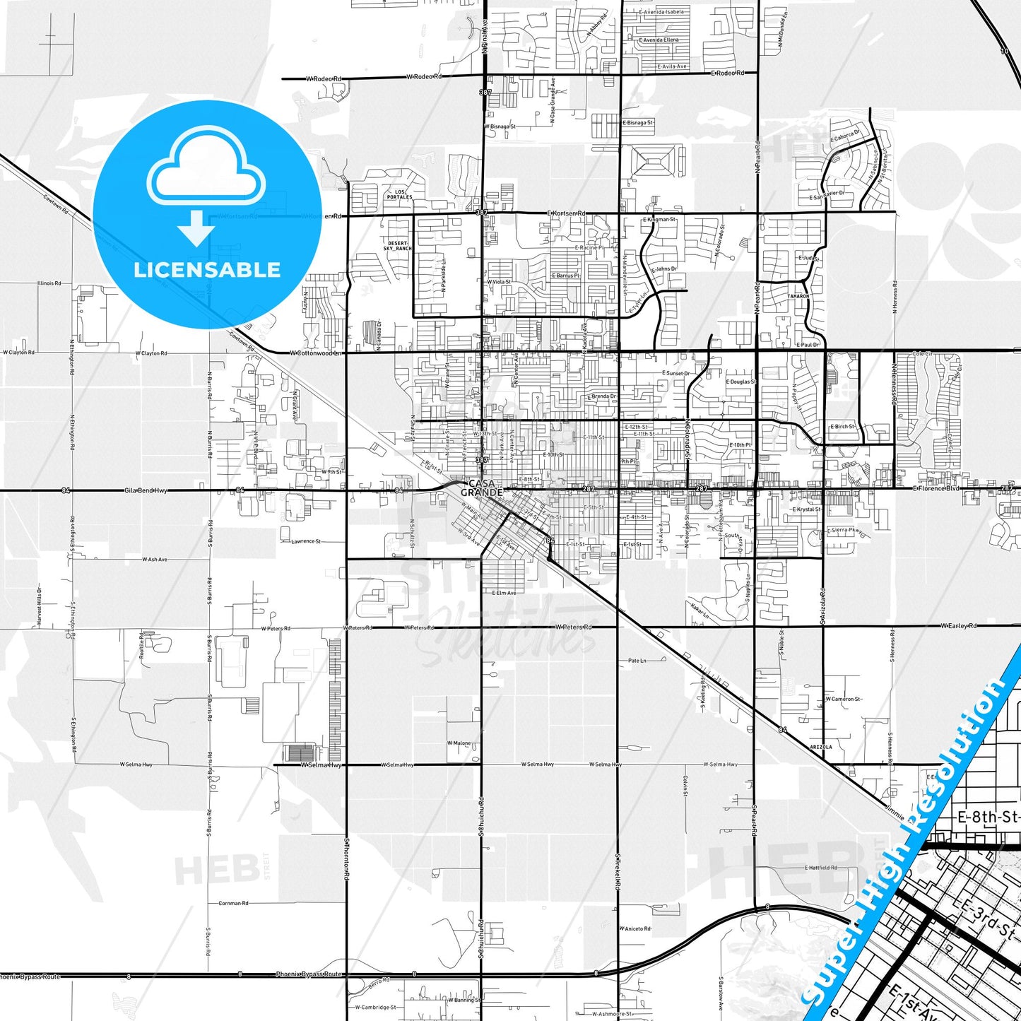 Casa Grande, Arizona Light Map with Street Names, City Names, and Districts