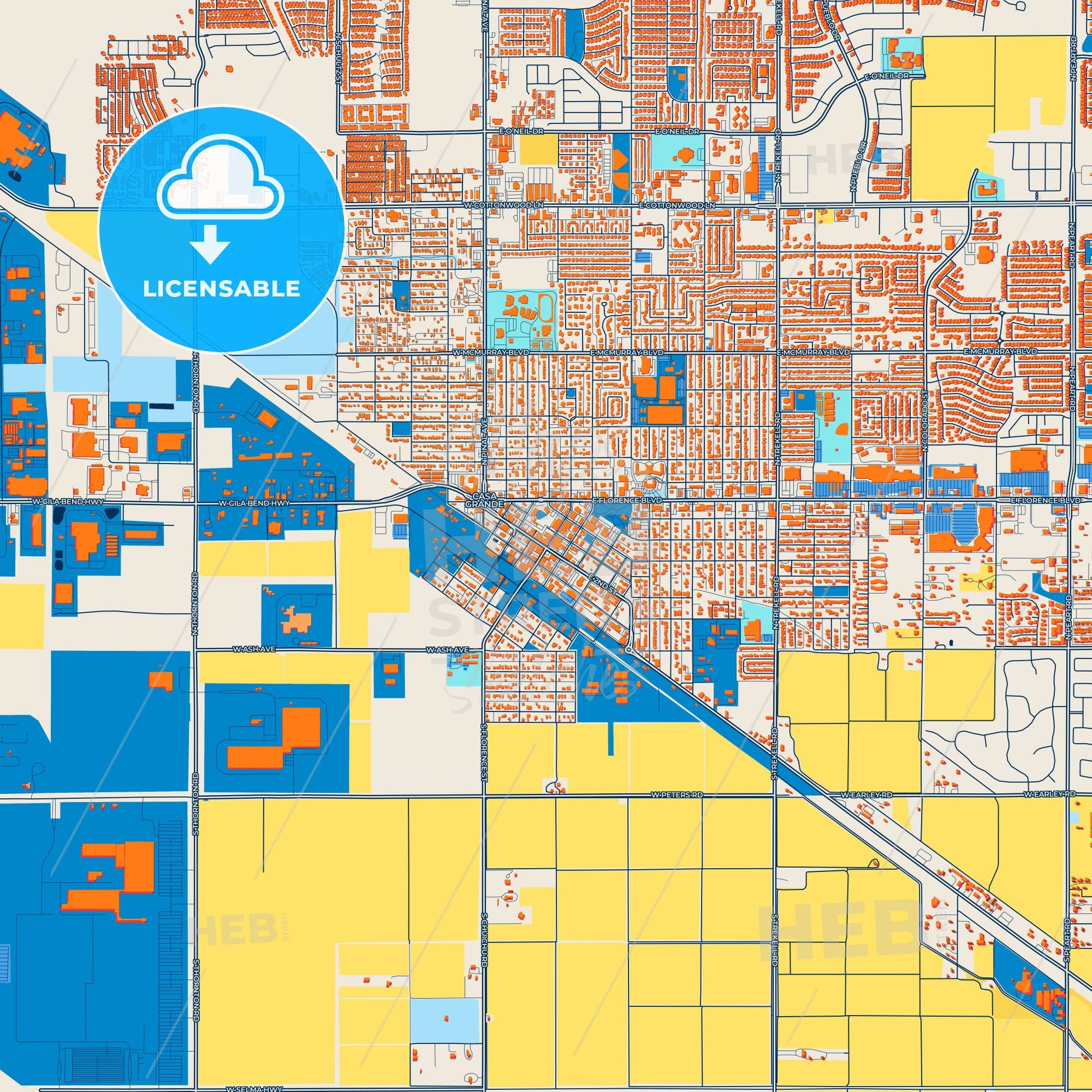 Colorful Casa Grande Street Map with Labels and Buildings