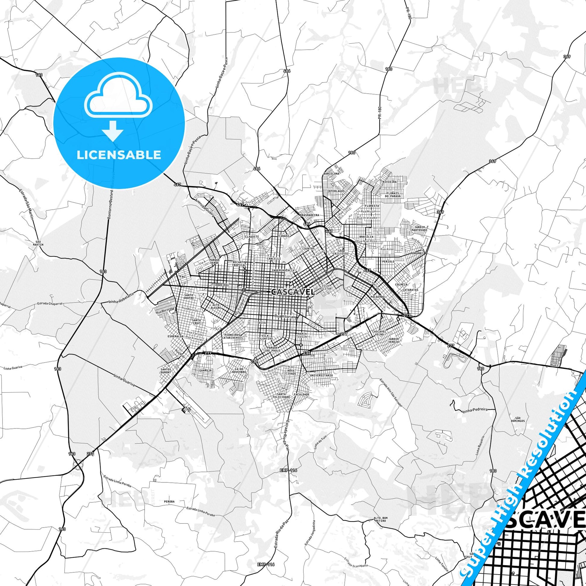 Cascavel, Brazil light map with streetnames, citynames and districts