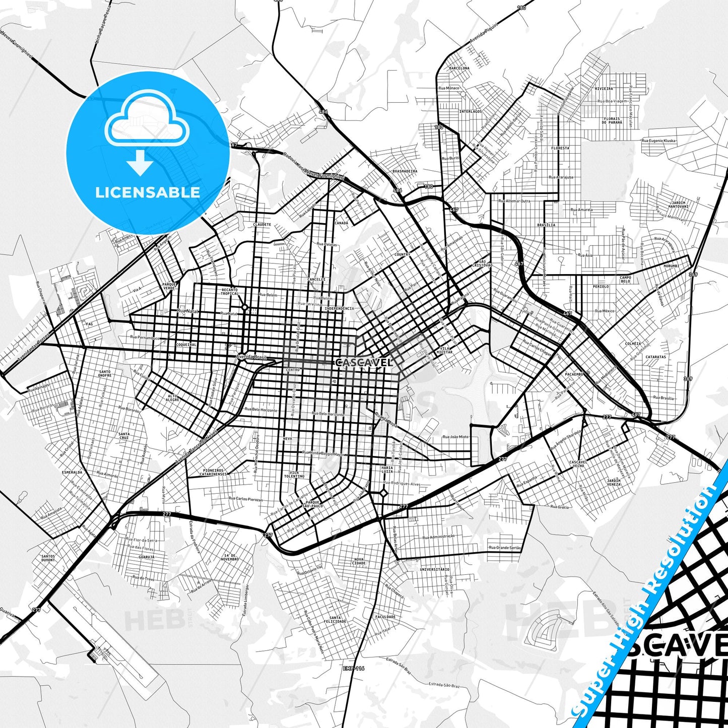 Cascavel, Brazil Light Map with Street Names, City Names, and Districts