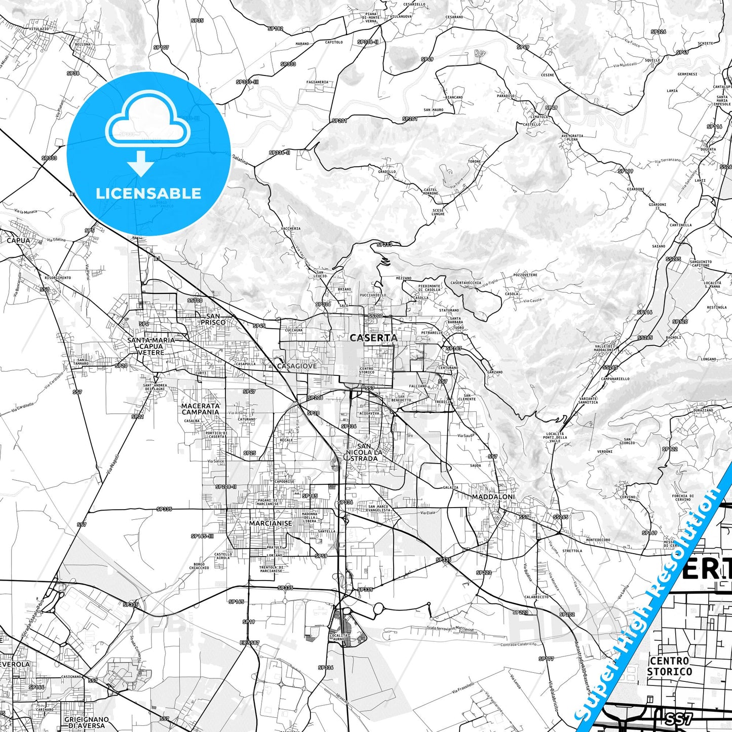 Caserta, Italy light map with streetnames, citynames and districts