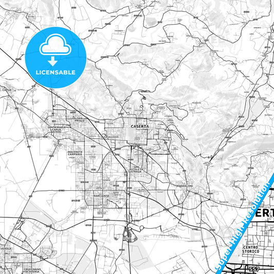 Caserta, Italy light map with streetnames, citynames and districts