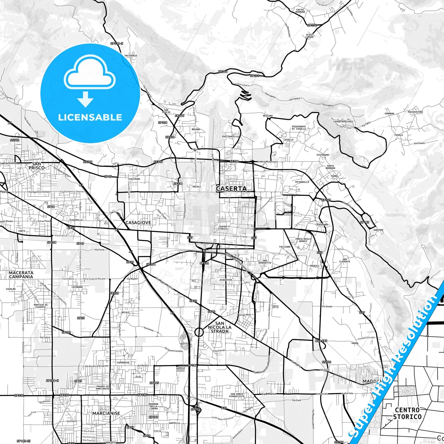 Caserta, Italy Light Map with Street Names, City Names, and Districts