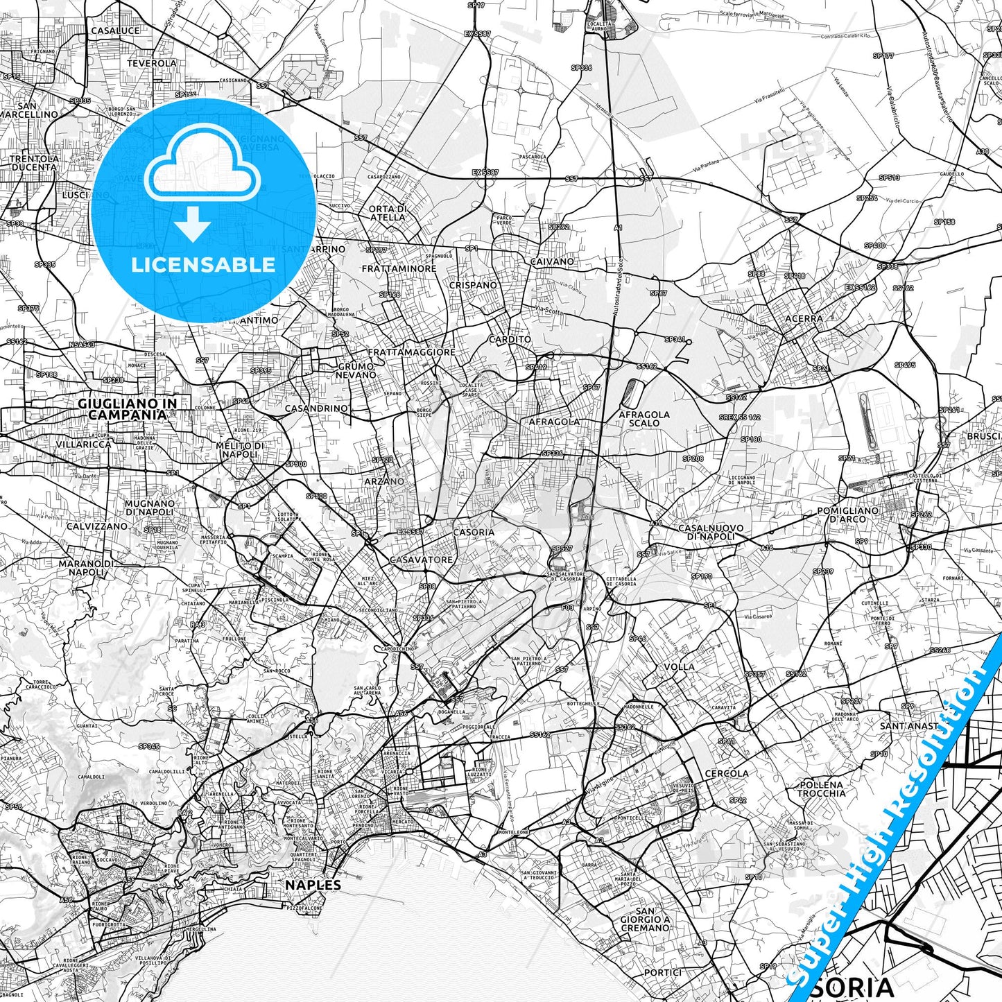 Casoria, Italy light map with streetnames, citynames and districts