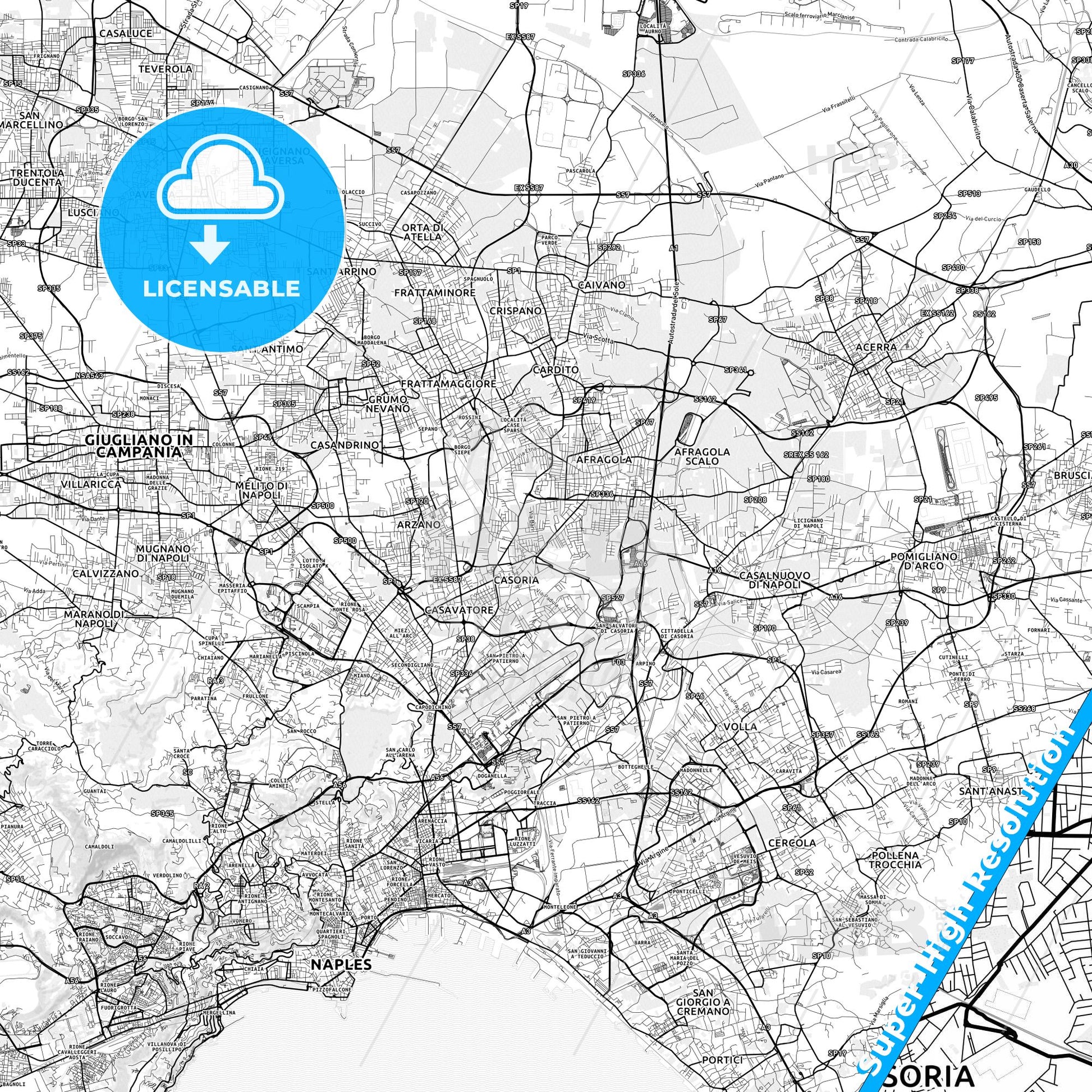 Casoria, Italy light map with streetnames, citynames and districts
