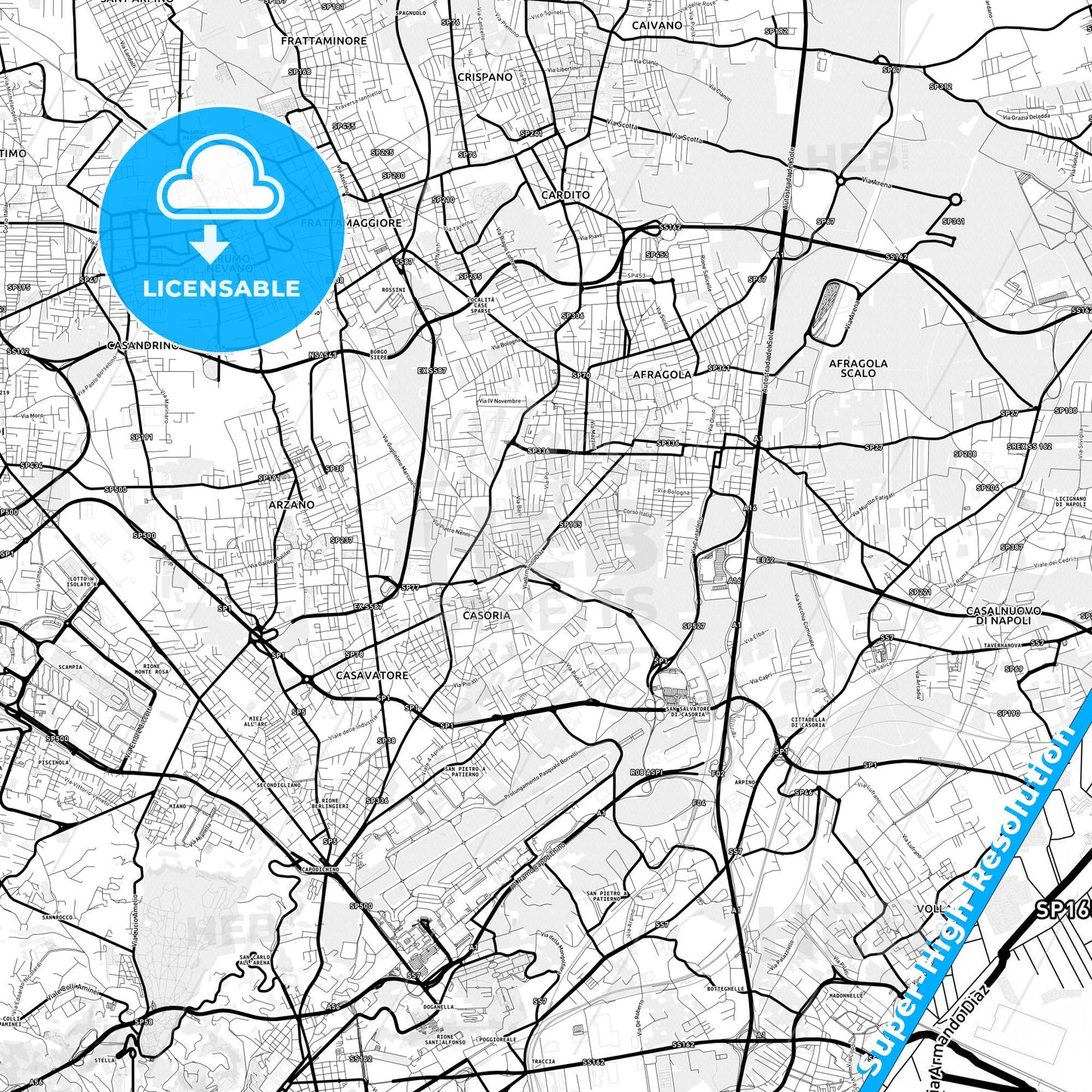 Casoria, Italy Light Map with Street Names, City Names, and Districts