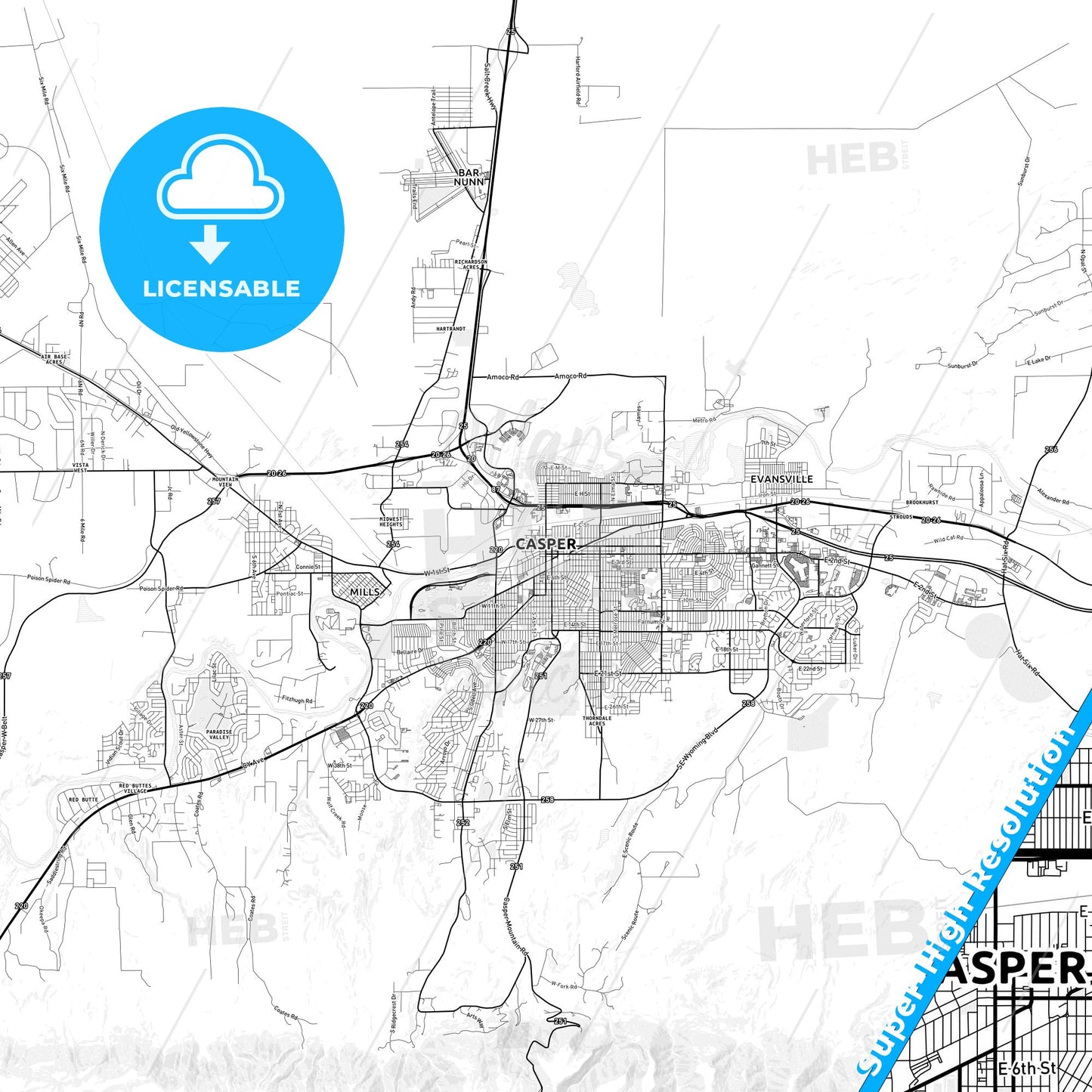 Casper, Wyoming light map with streetnames, citynames and districts