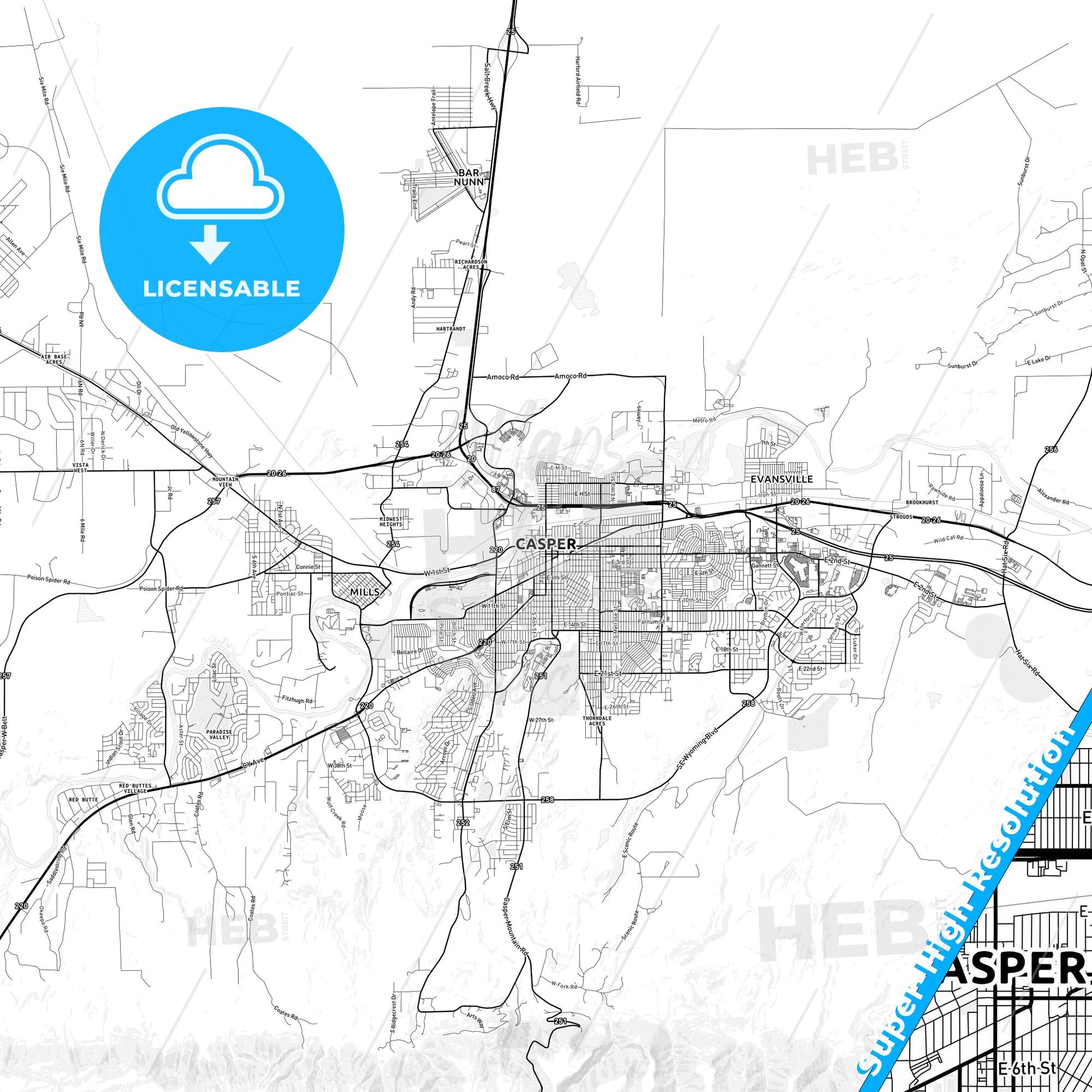 Casper, Wyoming light map with streetnames, citynames and districts
