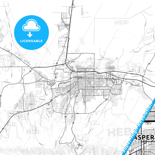 Casper, Wyoming light map with streetnames, citynames and districts