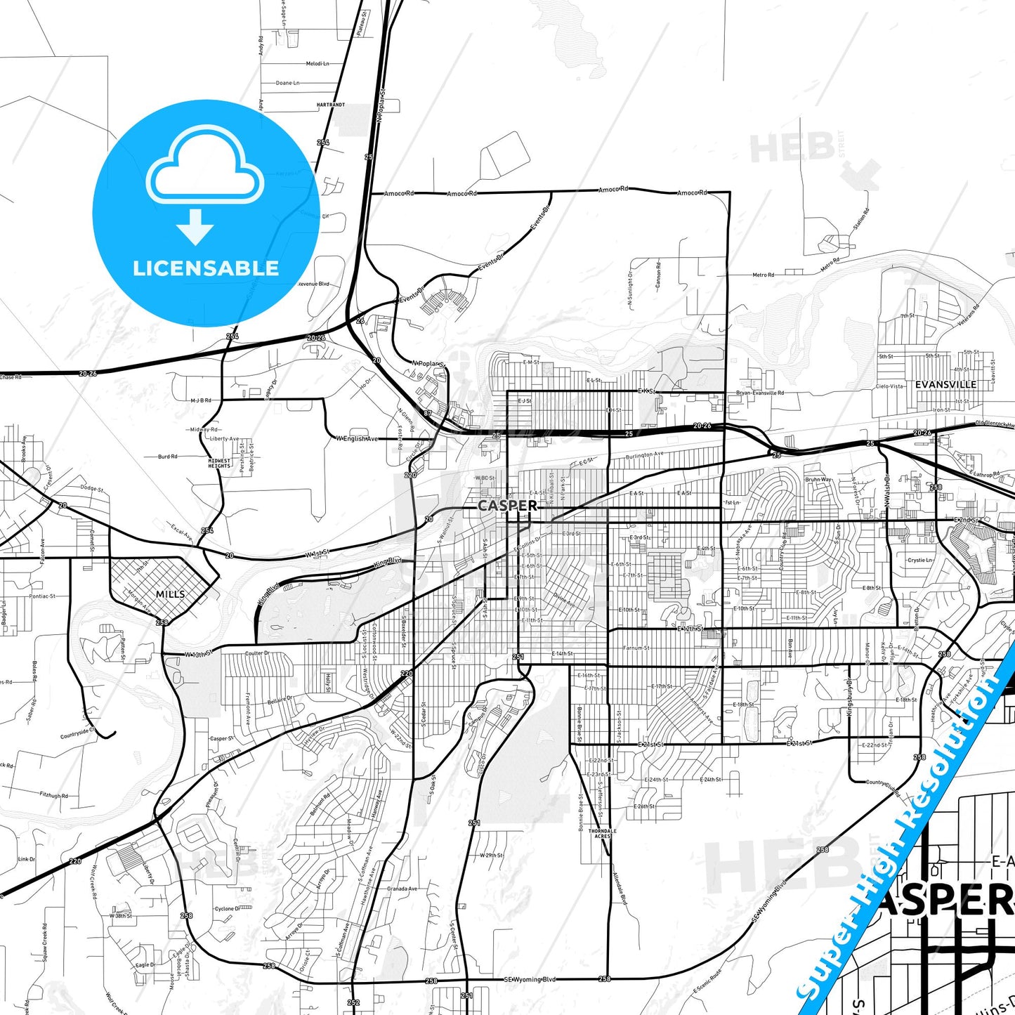 Casper, Wyoming Light Map with Street Names, City Names, and Districts