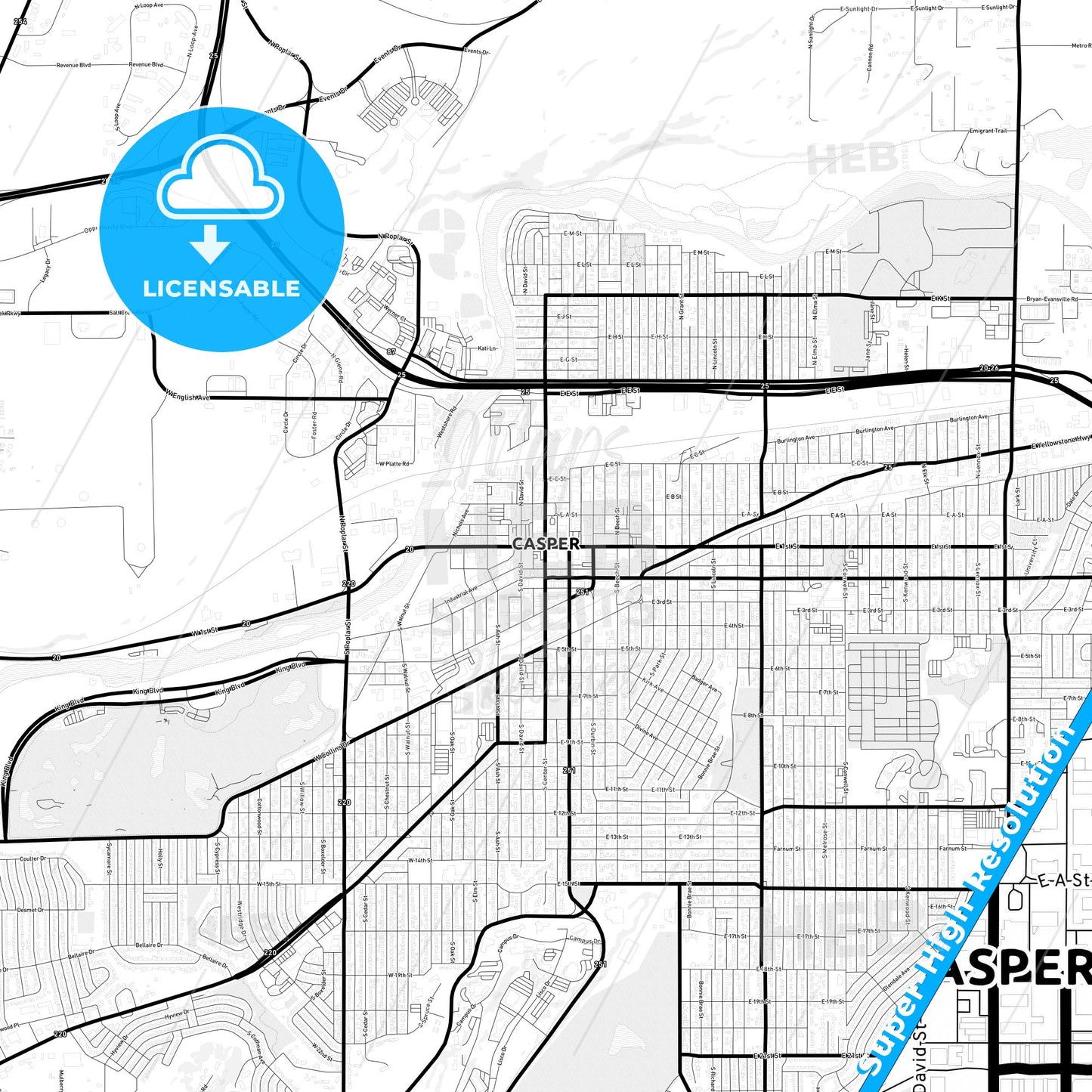 Casper, Wyoming Light Map with Street Names, City Names, and Districts