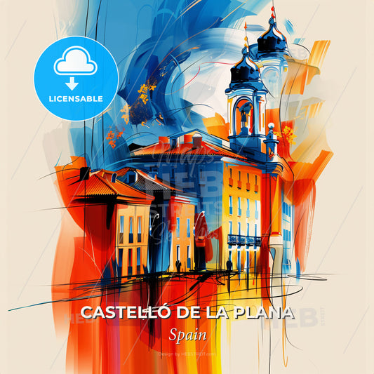 Vibrant Castelló De La Plana, Spain - A Painting Of Buildings And A Tower - Square format print template