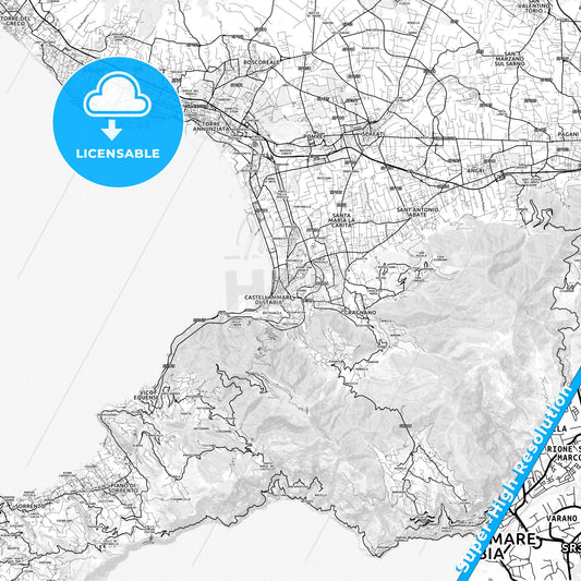 Castellammare di Stabia, Italy light map with streetnames, citynames and districts