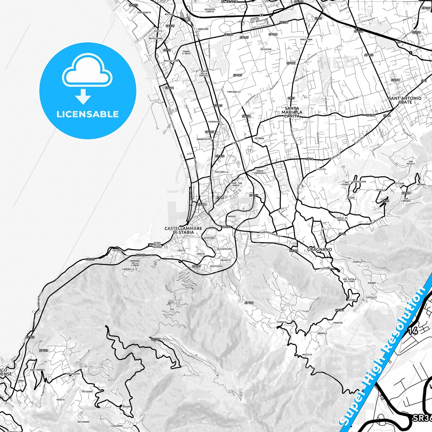 Castellammare di Stabia, Italy Light Map with Street Names, City Names, and Districts