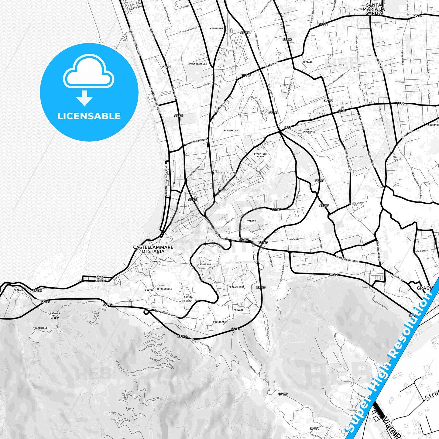 Castellammare di Stabia, Italy Light Map with Street Names, City Names, and Districts