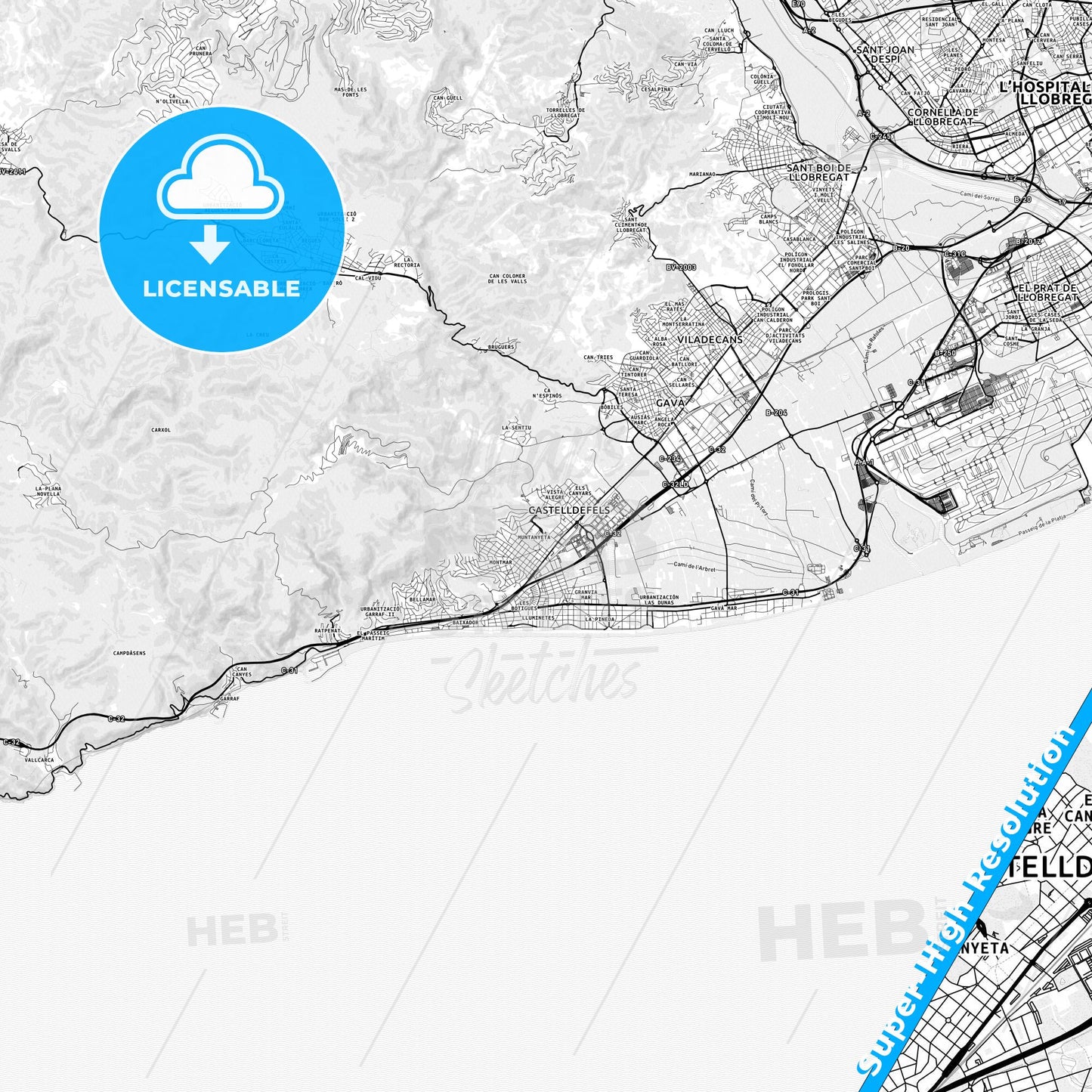 Castelldefels, Spain light map with streetnames, citynames and districts